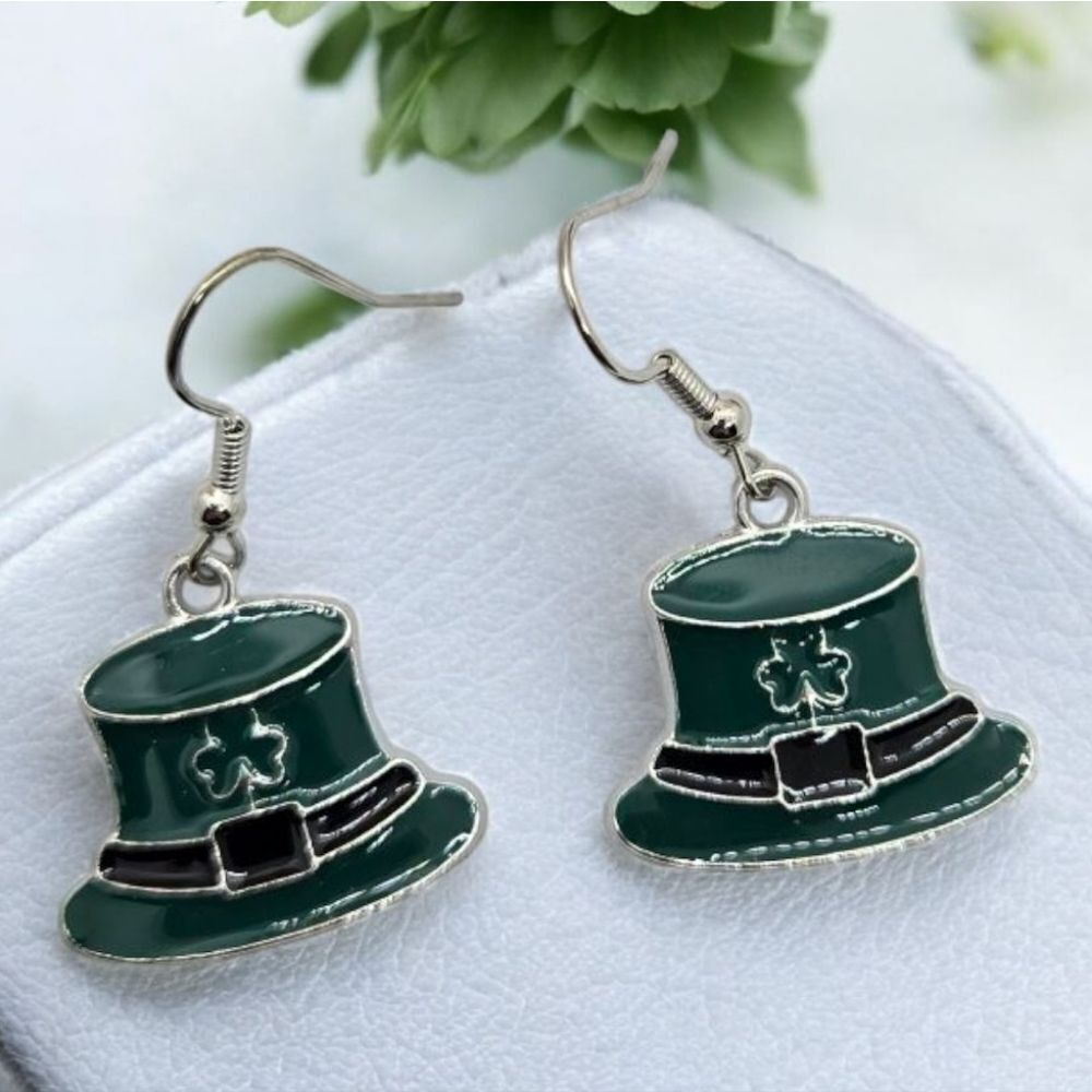 Green Irish Hat Earrings 🍀 Enamel Earrings St Patricks Day Ireland Jewelry
